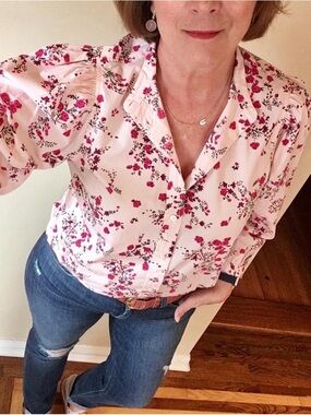 J Crew Classic-Fit Floral Collarless Puff Sleeves Shirt Sz 8 Button Preppy Pink